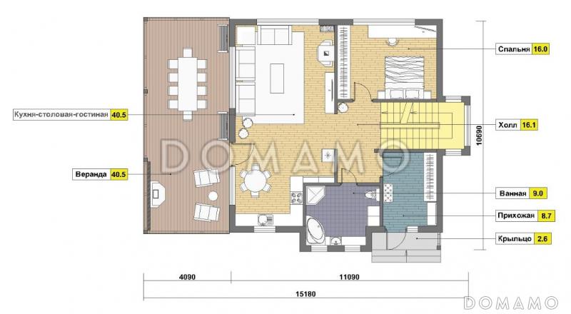Проект каркасного дома с цокольным этажом и небольшим бассейном / План 1 этажа