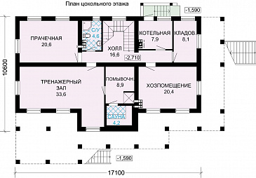 Проект особняка из бруса с цокольным этажем, тренажерным залом и панорамнымии окнами / План цокольного этажа
