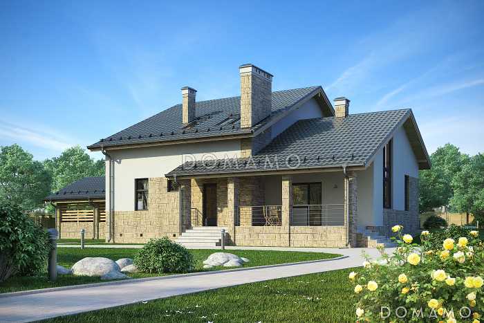 Проект дома с навесом для автомобилей, кухней с выходом на крытую террасу, двумя спальнями на первом этаже, вторым светом