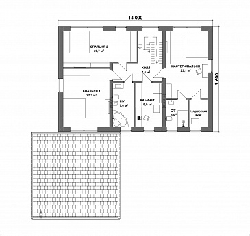 Проект двухэтажного дома с большими спальнями, гостевой комнатой и просторной гостиной / План 2 этажа