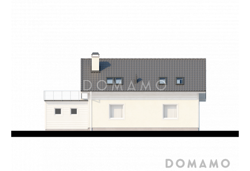 Проект одноэтажного мансардного дома из газобетона с террасой над гаражом  / Фасад 2