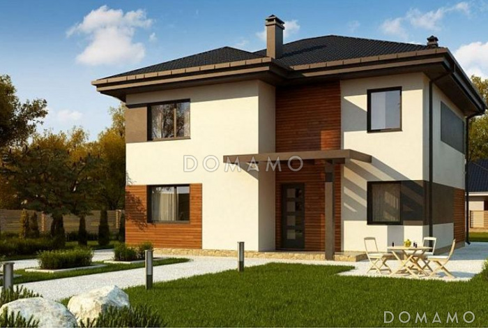 Проект загородного дома с балконом, кабинетом и спальней на первом этаже, тремя спальными комнатами на втором