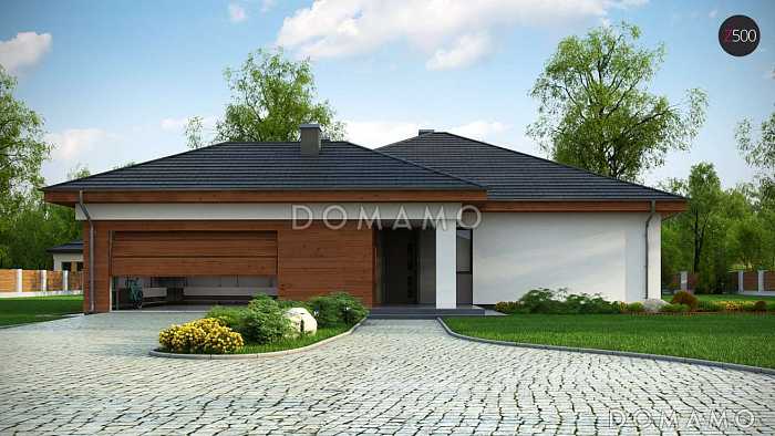 Проект комфортного одноэтажного дома из кирпича с тремя спальнями и пристроенным гаражом на два автомобиля