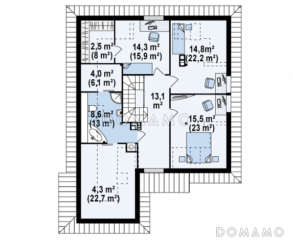 Проект просторного одноэтажного мансардного дома из кирпича с кабинетом, эркером, балконом и гаражом / План мансардного этажа