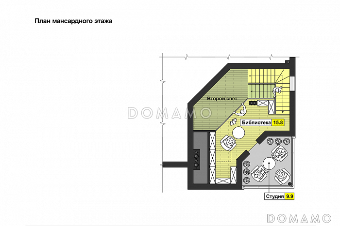 Проект квадратного загородного дома с большой гостиной, кухней-столовой, двумя террасам, вторым светом / План мансардного этажа