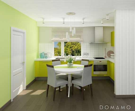 Проект одноэтажного каркасного дома с тремя спальнями, сауной и крытой террасой