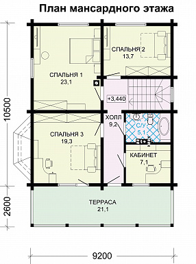 Проект деревянного дома из бруса с мансардой и просторными террасами / План мансардного этажа