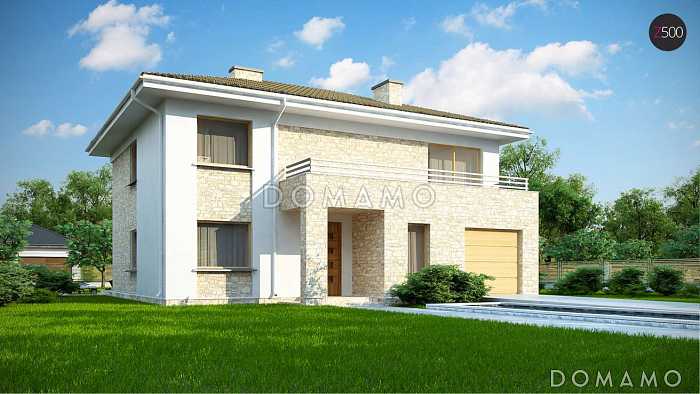 Проект современного двухэтажного дома из газобетона, с пятью комнатами, гаражом и террасами на обоих уровнях