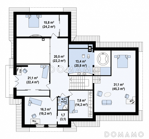 Проект просторного мансардного коттеджа из газобетона с пятью спальнями, кабинетом и гаражом / План мансардного этажа
