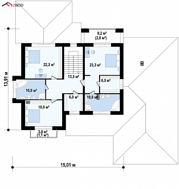 Проект загородного дома с гаражом и навесом, гостиной с эркером, большой прихожей / План 2 этажа