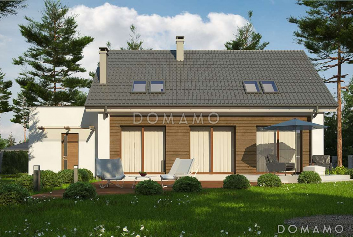 Проект одноэтажного коттеджа из газобетона с мансардным этажом, большой светлой гостиной и пристроенным гаражом