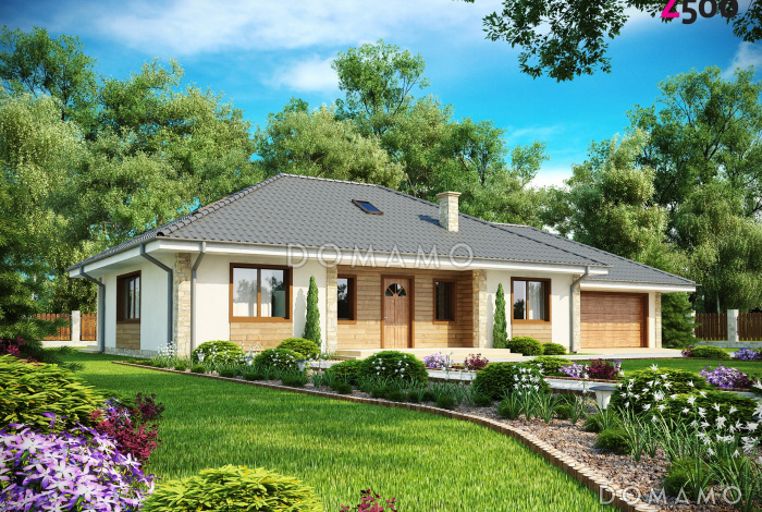 Проект одноэтажного дома из газобетона с тремя спальнями и гаражом на два автомобиля, с возможностью обустройства мансарды