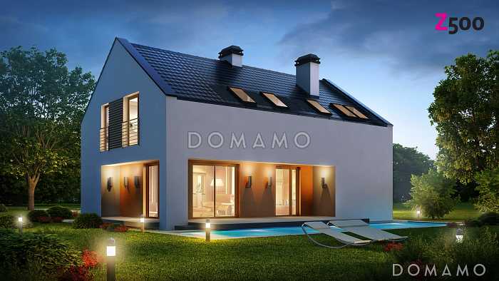 Проект одноэтажного мансардного дома из кирпича с прямоугольным выступом на втором уровне