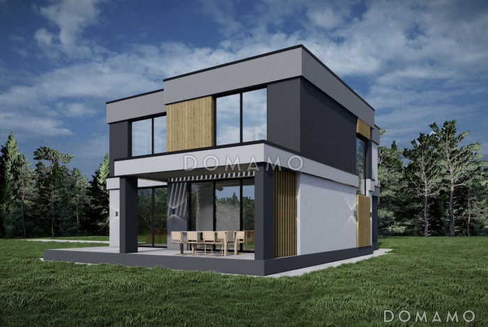 Проект дома с панорамным остеклением на обоих этажах, с 4 спальнями и крытой террасой