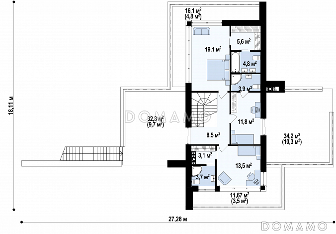 Проект современного двухэтажного дома из газобетона с плоской крышей необычного дизайна, подходит для участка со склоном / План 2 этажа