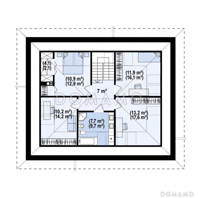 Проект загородного дома с мансардой, гаражом на одну машину, кладовой на кухне / План мансардного этажа
