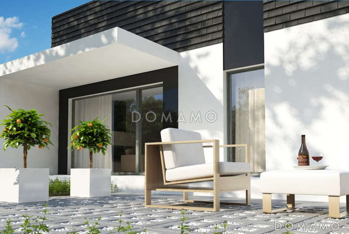 Проект современных мансардных домов-близнецов из кирпича с большим гаражом, открытой террасой на втором этаже и четырьмя спальнями