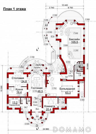 Проект коттеджа с двусветной гостиной, бильярдной и бассейном / План 1 этажа