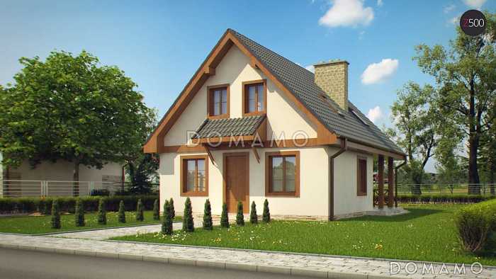 Проект компактного одноэтажного мансардного дома из газобетона с двумя спальнями, кабинетом и двумя крытыми террасами