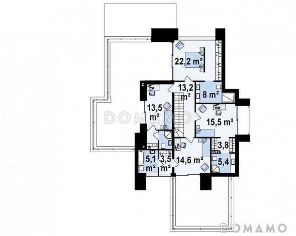 Проект большого современного двухэтажного дома из кирпича с четырьмя спальнями, кабинетом и гаражом для участка с рельефом / План 2 этажа