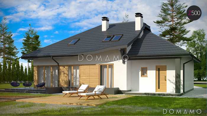 Проект просторного одноэтажного мансардного дома из газобетона с кабинетом, гаражом и комнатой над ним, улучшенная версия