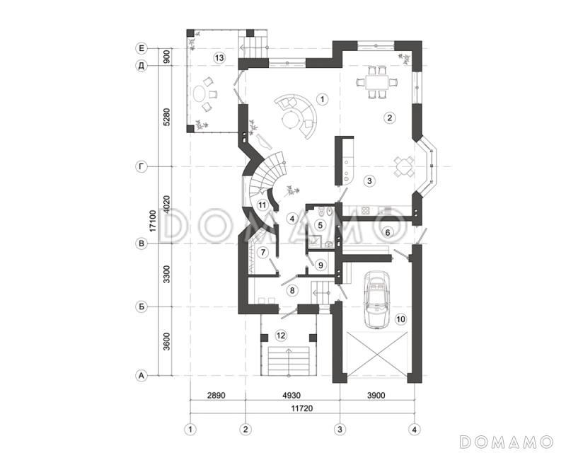 Проект двухэтажного дома с угловой террасой с выходом из гостиной / План 1 этажа