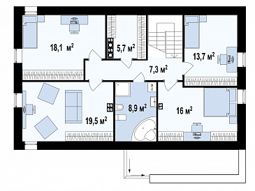 Проект современного мансардного дома из кирпича с пятью комнатами и гаражом / План мансардного этажа