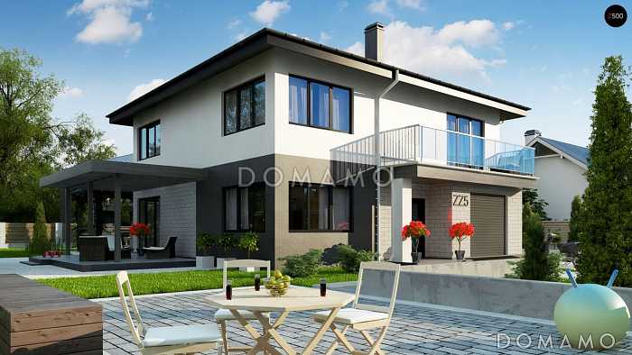 Проект современного двухэтажного дома из кирпича с четырьмя комнатами, гаражом и балконом