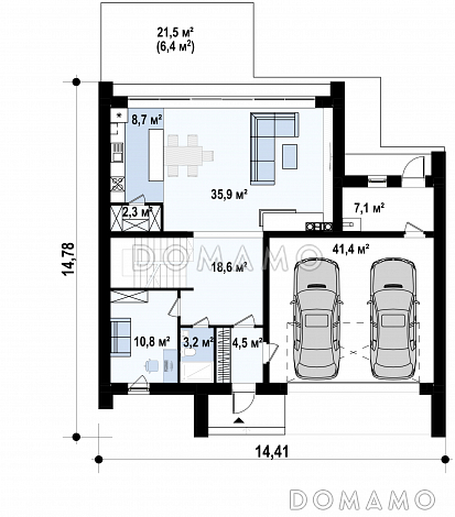 Проект загородного дома с панорамным остеклением, кабинетом, просторной гостиной, гаражом на 2 машины, кладовой на кухне / План 1 этажа