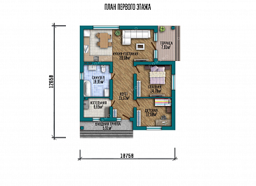 Проект одноэтажного дома с тремя спальнями и террасой / План 1 этажа