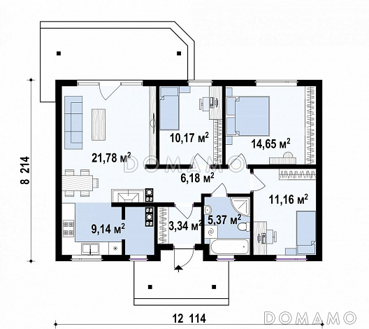 Проект компактного одноэтажного дома адаптированного для каркасного строительства с тремя спальнями и небольшой крытой террасой / План 1 этажа