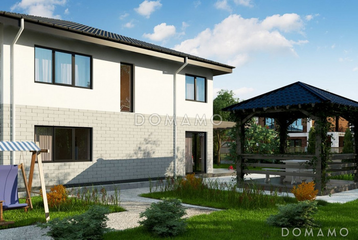 Проект современного двухэтажного дома из газобетона с четырьмя комнатами, гаражом и балконом