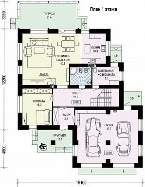 Проект двухэтажного дома из газобетона с гаражом на два машиноместа / План 1 этажа