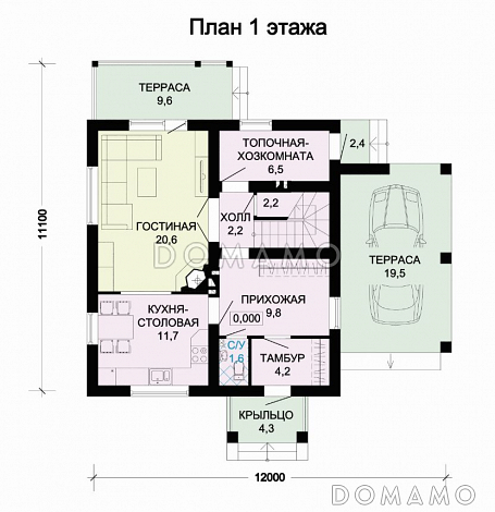 Проект дома из газобетона с навесом для автомобиля / План 1 этажа