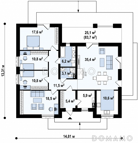 Проект одноэтажного дома с четким зонированием, крытой террасой, гостиной с камином, изолированной кухней / План 1 этажа