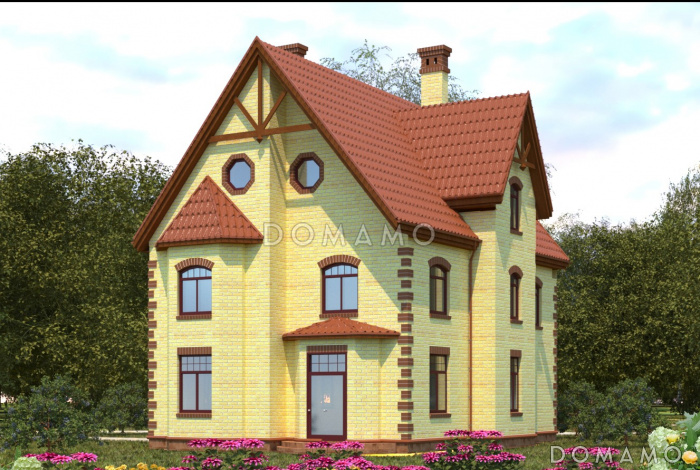 Проект трехэтажного дома с башней, верандой и функциональными чердачными помещениями