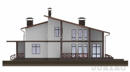 Проект дома с пятью спальнями, открытой планировкой дневной зоны с закругленным углом / Фасад 4