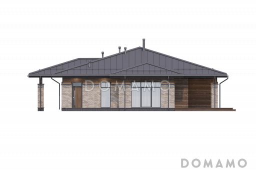 Проект кирпичного дома с 3 спальнями, сауной, угловой террасой, местами для хранения и навесом для двух машин / Фасад 4