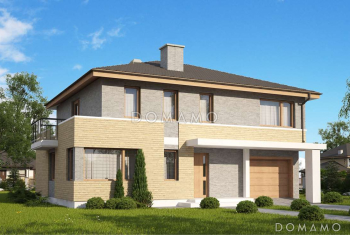 Проект современного двухэтажного дома из кирпича, адаптированного под сейсмику, с четырьмя спальнями, балконом и встроенным гаражом