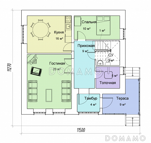 Проект двухэтажного кирпичного дома с французским балконом / План 1 этажа