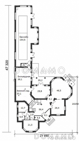 Проект дома из кирпича с зимним садом и бильярдной / План 1 этажа