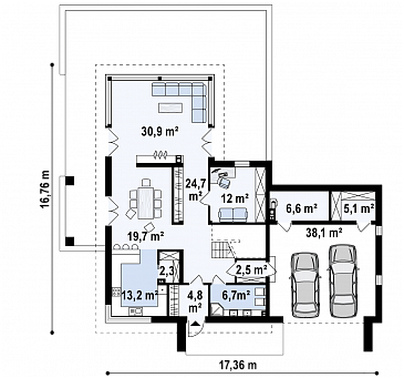 Проект современного двухэтажного дома из газобетона с плоской крышей с гаражом для двух автомобилей и террасами на обоих уровнях / План 1 этажа