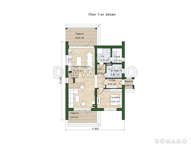 Проект двухэтажного дома с тремя спальными комнатами, балконом и сауной / План 1 этажа