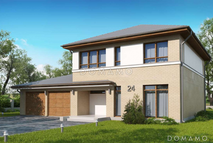 Проект современного двухэтажного дома из кирпича с четырьмя спальнями, кабинетом и пристроенным гаражом на два автомобиля