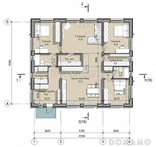 Проект дома с 3 спальнями, кабинетом на мансарде и вторым светом в кухне-столовой / План 1 этажа