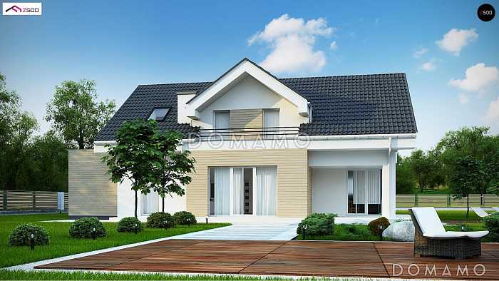 Проект мансардного дома из кирпича со встроенным гаражом, кабинетом и балконом