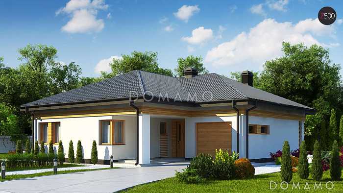 Проект одноэтажного дома из газобетона с дневной зоной в тыльной части дома и выходом на большую террасу и гаражом на один автомобиль