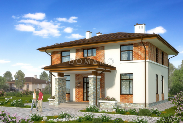 Проект двухэтажного коттеджа с панорамным остеклением на террасу и со вставками красного кирпича