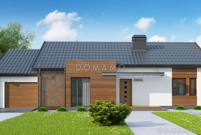 Проект одноэтажного дома из кирпича с современными фасадами, эркерами и гаражом