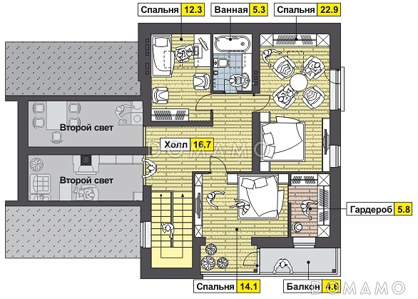 Проект дома с крытой террасой, сауной и душевой, двумя спальнями на первом этаже, гостиной с камином, балконом, вторым светом / План мансардного этажа